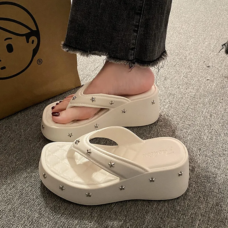 6cm Height Increasing Platform Thong Sandals For Women Star Studded Chunky Sole Outdoor Beach Slippers Y2K Summer Flip Flops view 3