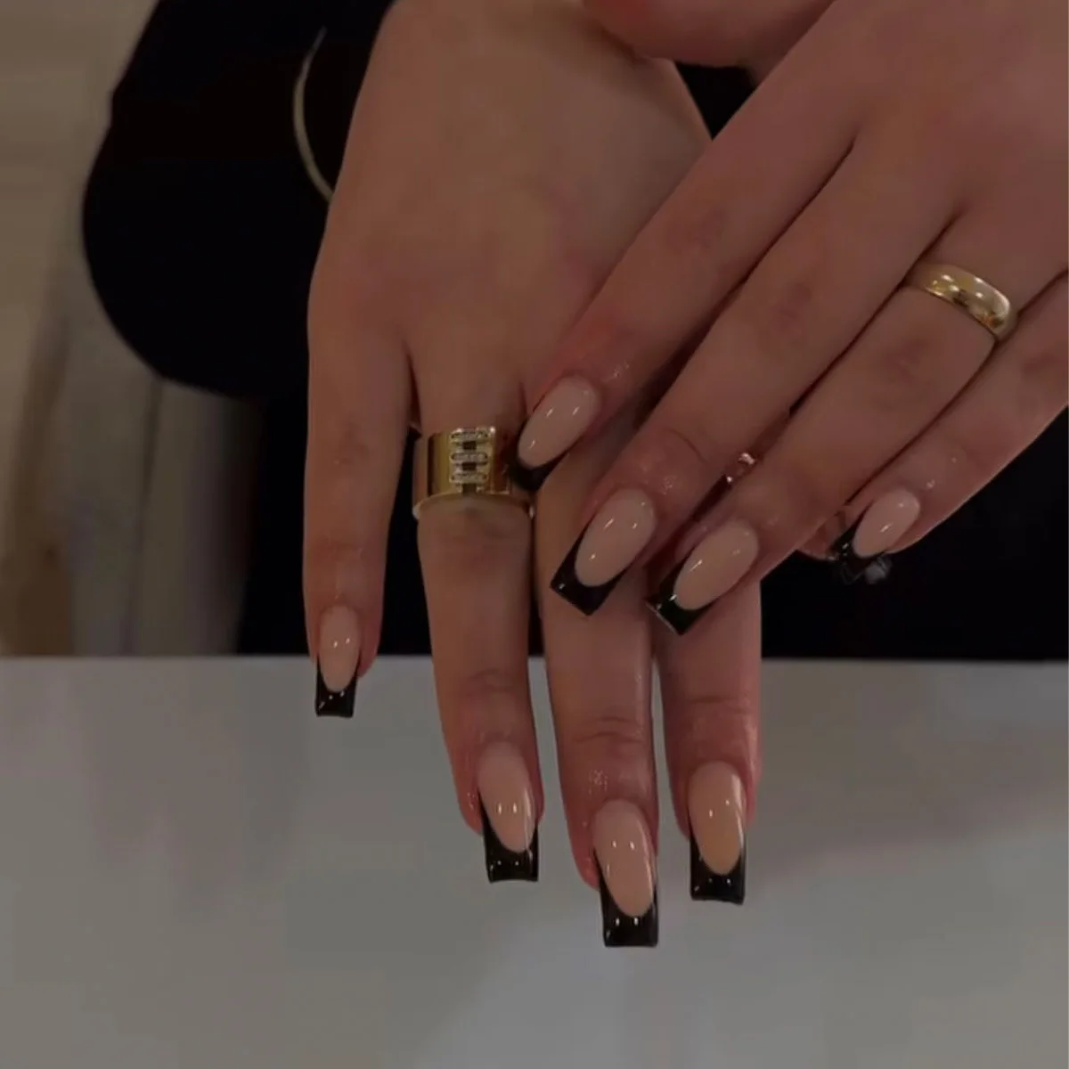 24 pçs caixão longo unhas falsas francesas com cola arco diamante vara na imprensa em unhas acrílicas bailarina preta arte do prego manicure ponta