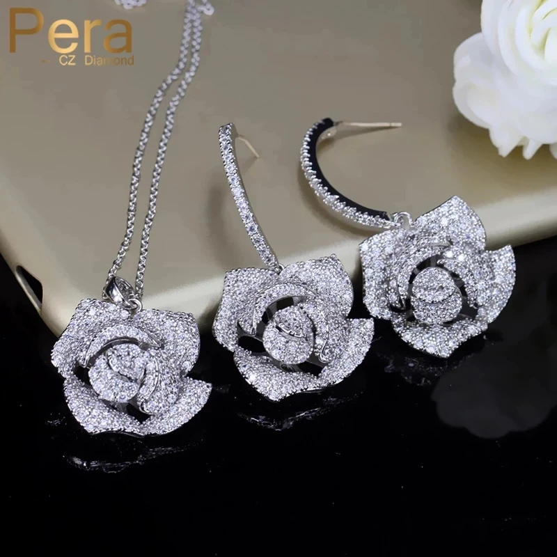 

Pera Romantic Rose Flower Earrings and Necklace Big Bridal Wedding Party Cubic Zirconia Jewelry Sets Lovely Gift for Brides J197