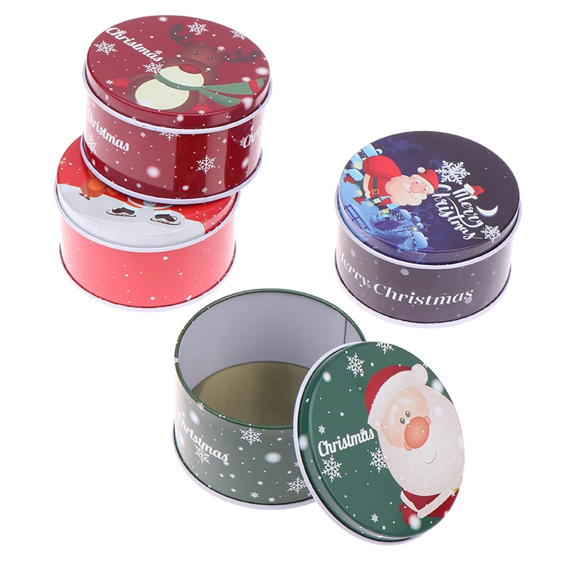 1Pc Tinplate Christmas Candy Can Round Cartoon Santa Claus Elk Letter Printed Box Xmas Candy Chocolate Cookie Box Small Gift Box