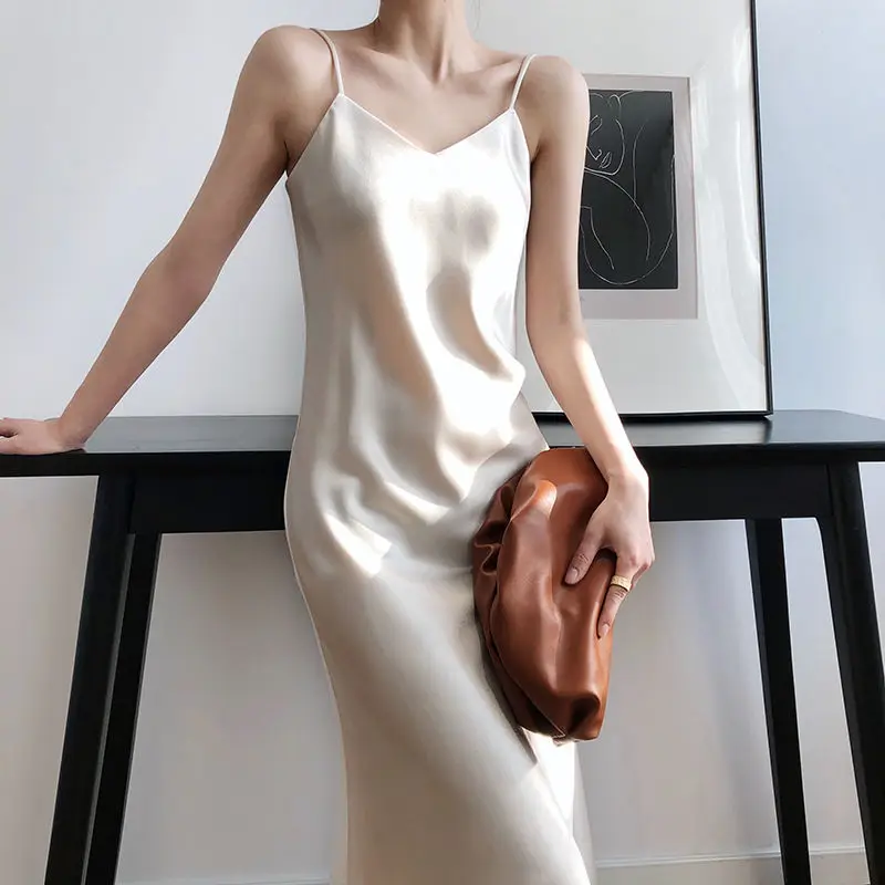 HOUZHOU White Satin Party Dress Sexy Sleeveless Women Casual Holiday Solid Elegant Chic Dress Club Outfit Summer Long Dresses