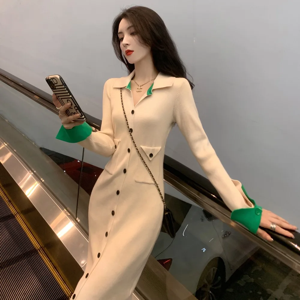 

Korean Long Sleeve Lapel Slim Knitted Sweater Dress Women's Single Breasted Fashion Pocket Elegant Dresses Chic Ladies Vestidos