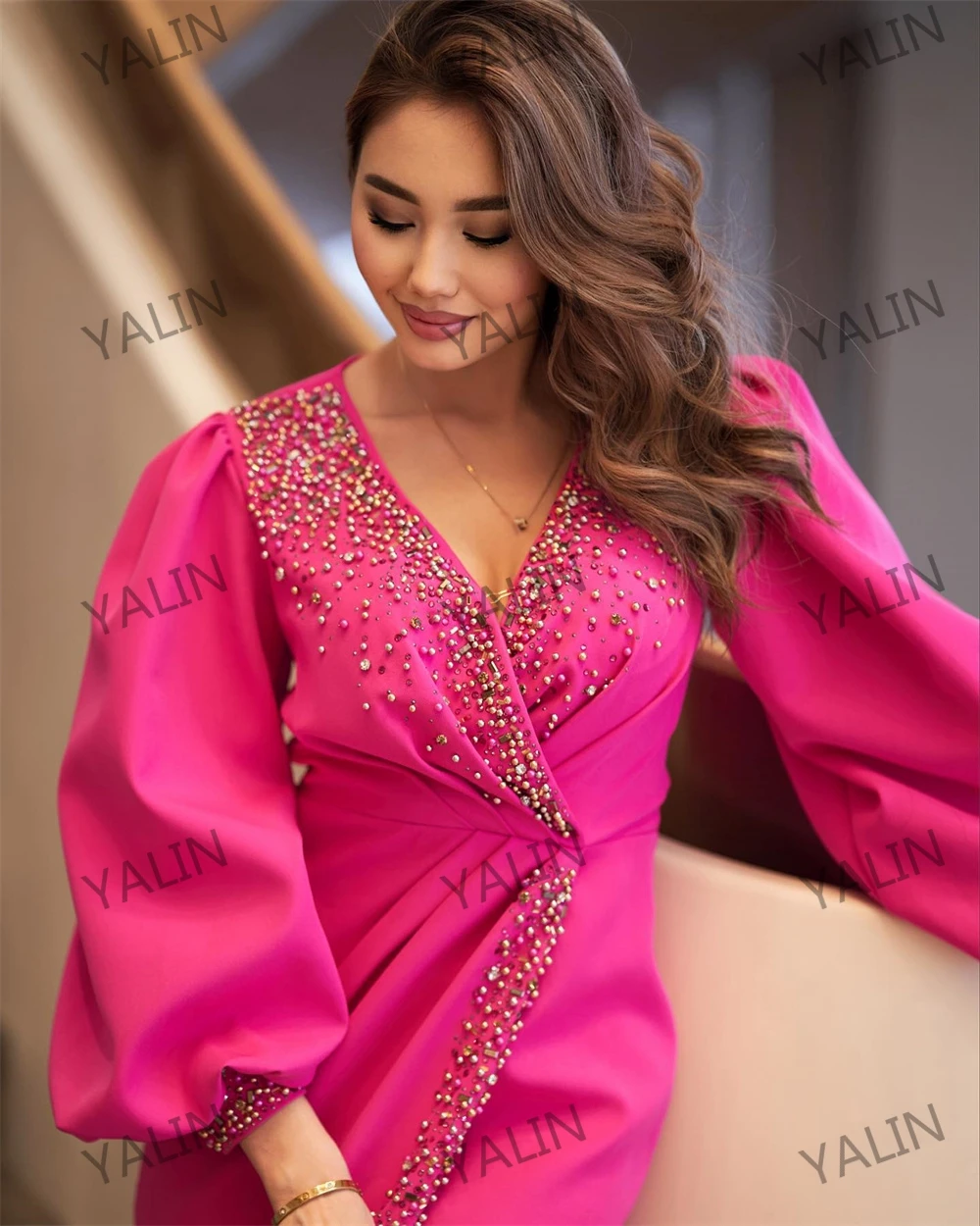 Customized Straight High Slit Ankle-Length Long Sleeve Exquisite Prom Gown V Neck Lace Pleat Evening Party Dresses فساتين السهرة