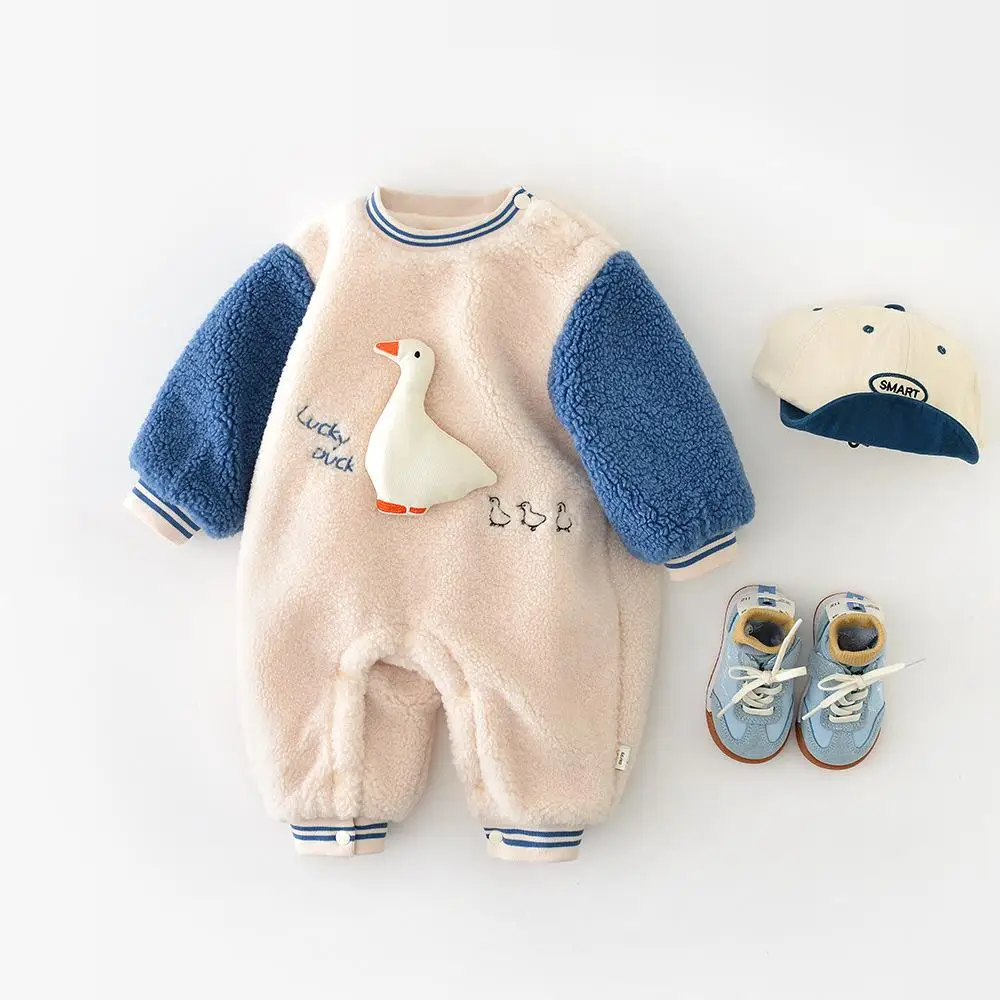 

2025 Winter New Baby Long Sleeve Fleece Romper Infant Boys Cute Duck Jumpsuit Plus Velvet Toddler Girls Warm Casual Clothes