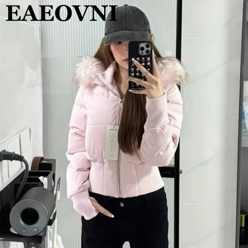 Autumn Winter Fur Collar Hooded Cropped Puffer Jacket Women's Warm Cotton Padded Jacket Short Top Windproof Coat Y2K High Waist