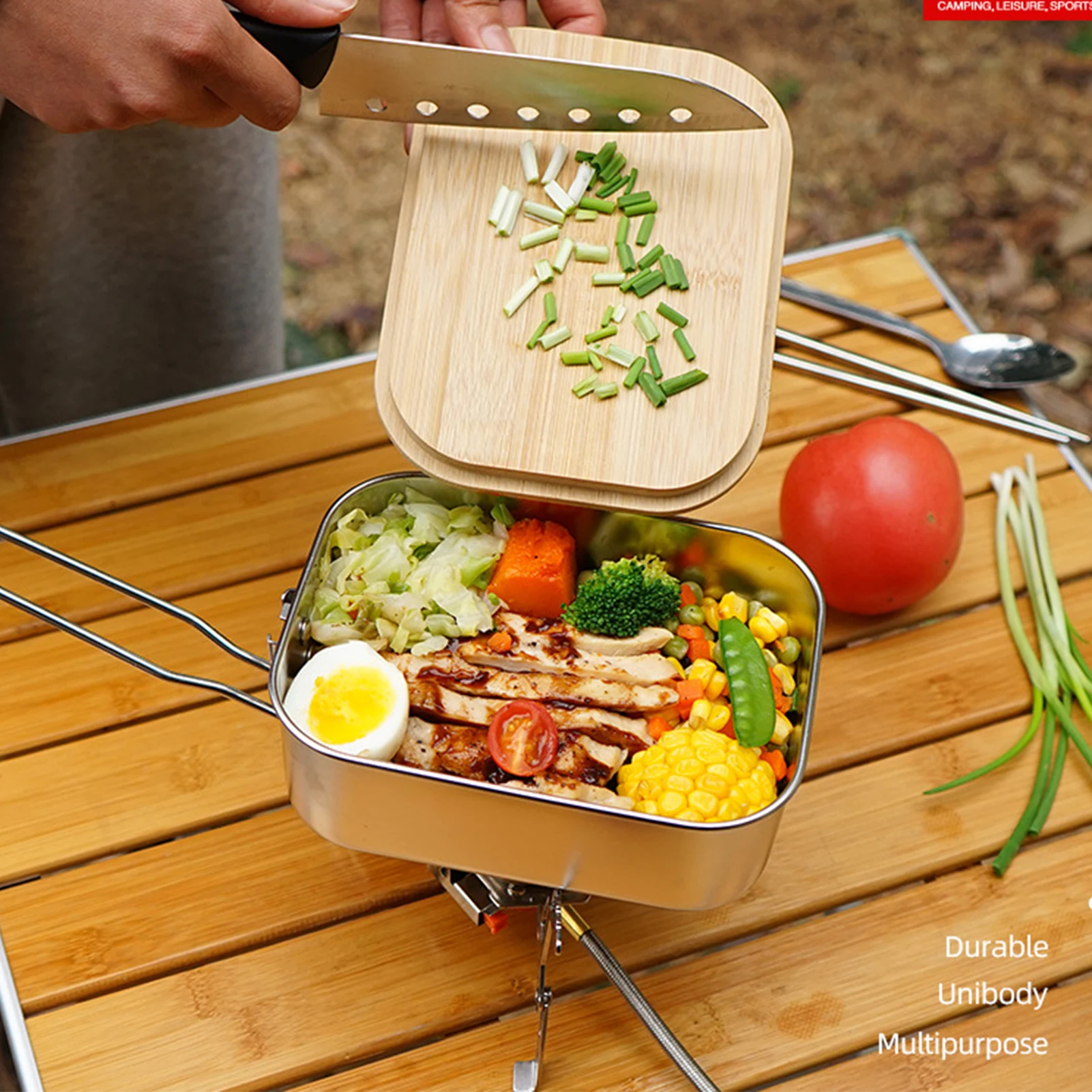 

304 Stainless Steel Lunch Box with Bamboo Wooden Cover Portable Leak-Proof Bento Box Japanese Food Container Dinnerware BBQ Rack