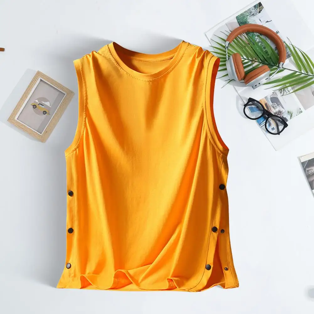 Men Vest Sleeveless Round Neck Loose Fit Tank Tops With Side Buckles Closure Solid Color Casual Tops Breasted Pullover Summer