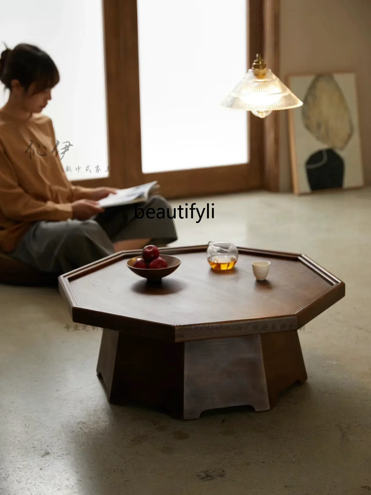 Q181  Retro Exquisite Octagonal Solid Wood Tea Room Small Tea Table Zen Balcony Bay Window Small Short Desk
