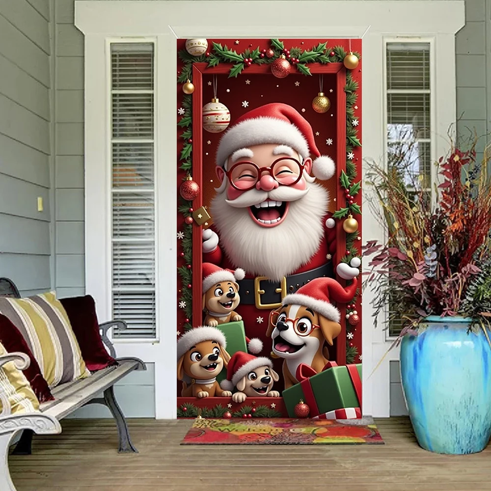 Santa Red Door Cover Home Christmas Funny Decoration Linings for Christmas Indoor Outdoor Garden Porch  Xmas Doors 180x90cm