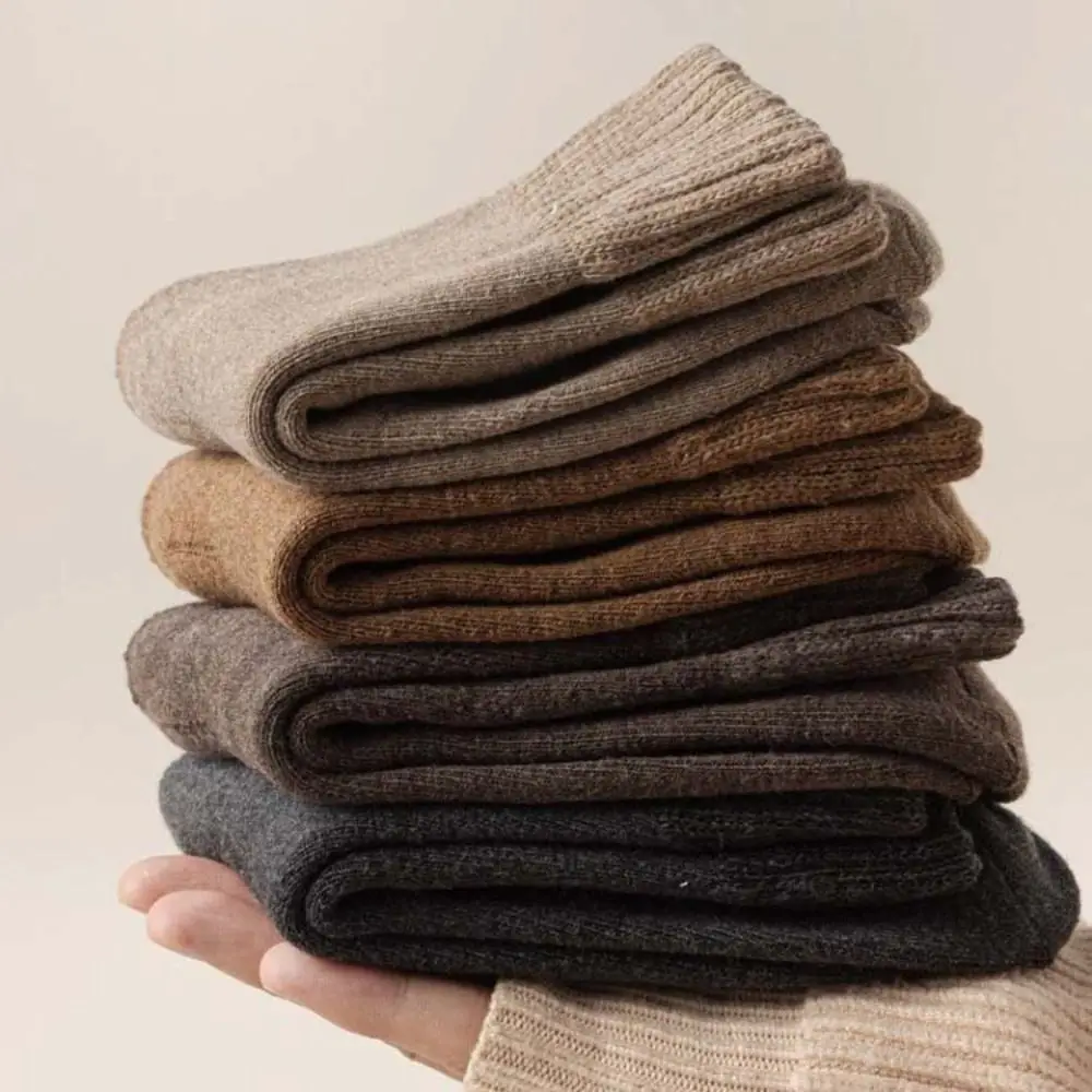 5Pairs Simple Thicken Warm Socks Stripe Solid Color Thermal Mid Length Socks Mid Tube Thicker Winter Socks Men Men Boy