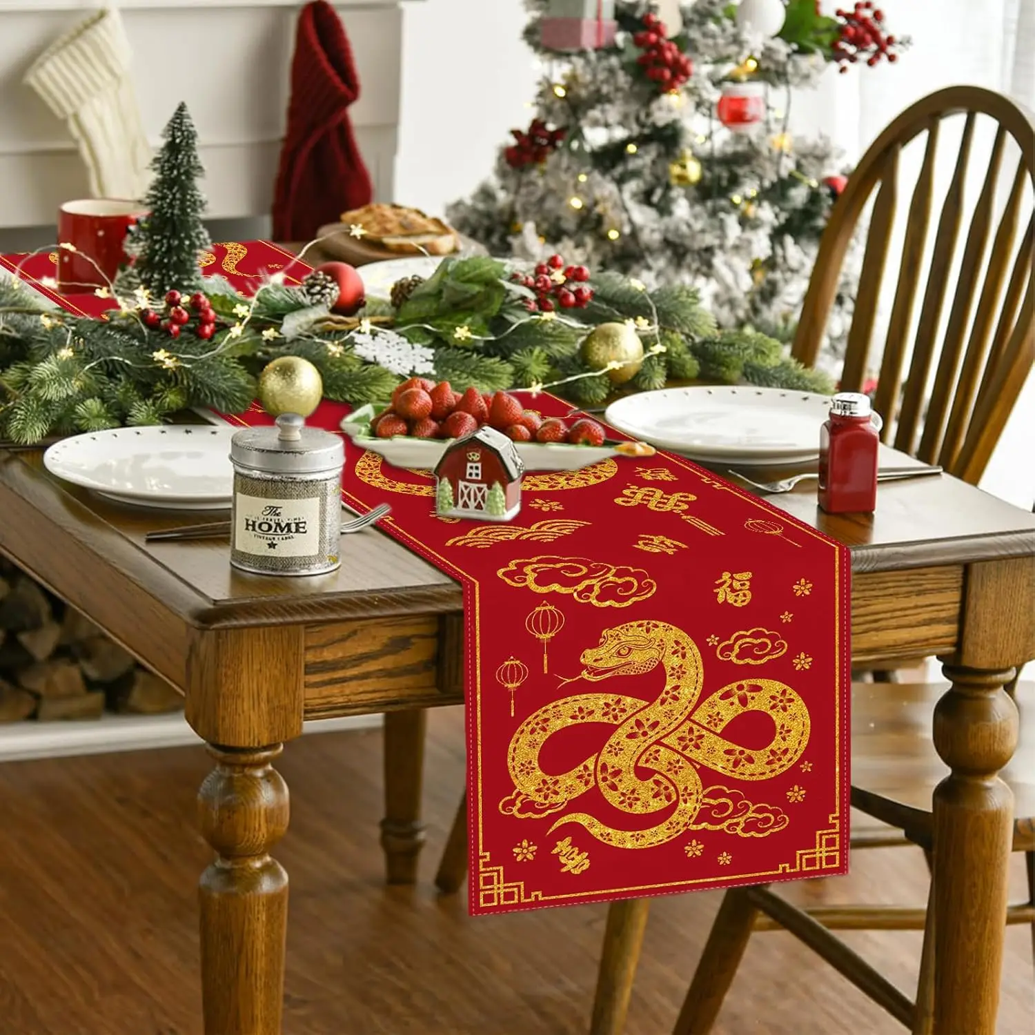 Happy 2025 New Year Linen Table Runner Party Decor Chinese 2025 Year of The Snake Table Runners China Spring Festival Decoration