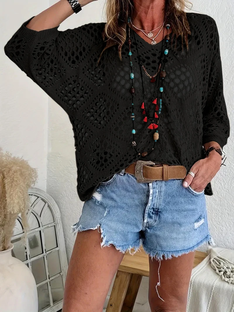 

Вязаный свитер большого размера с вырезом V-образной формы и рукавами 3/4 — женский повседневный свободный пуловер крупной вязки