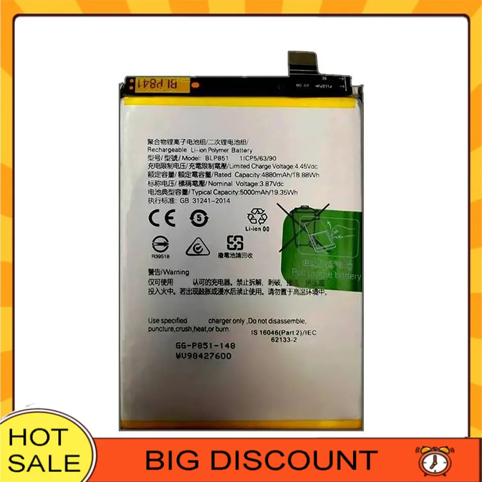 

Mobile Phone Battery 5000Mah High-Capacity BLP851 For Oppo Reno 6 Lite A74 4G F19 A95 CFH2365 CHP2365 CPH2219