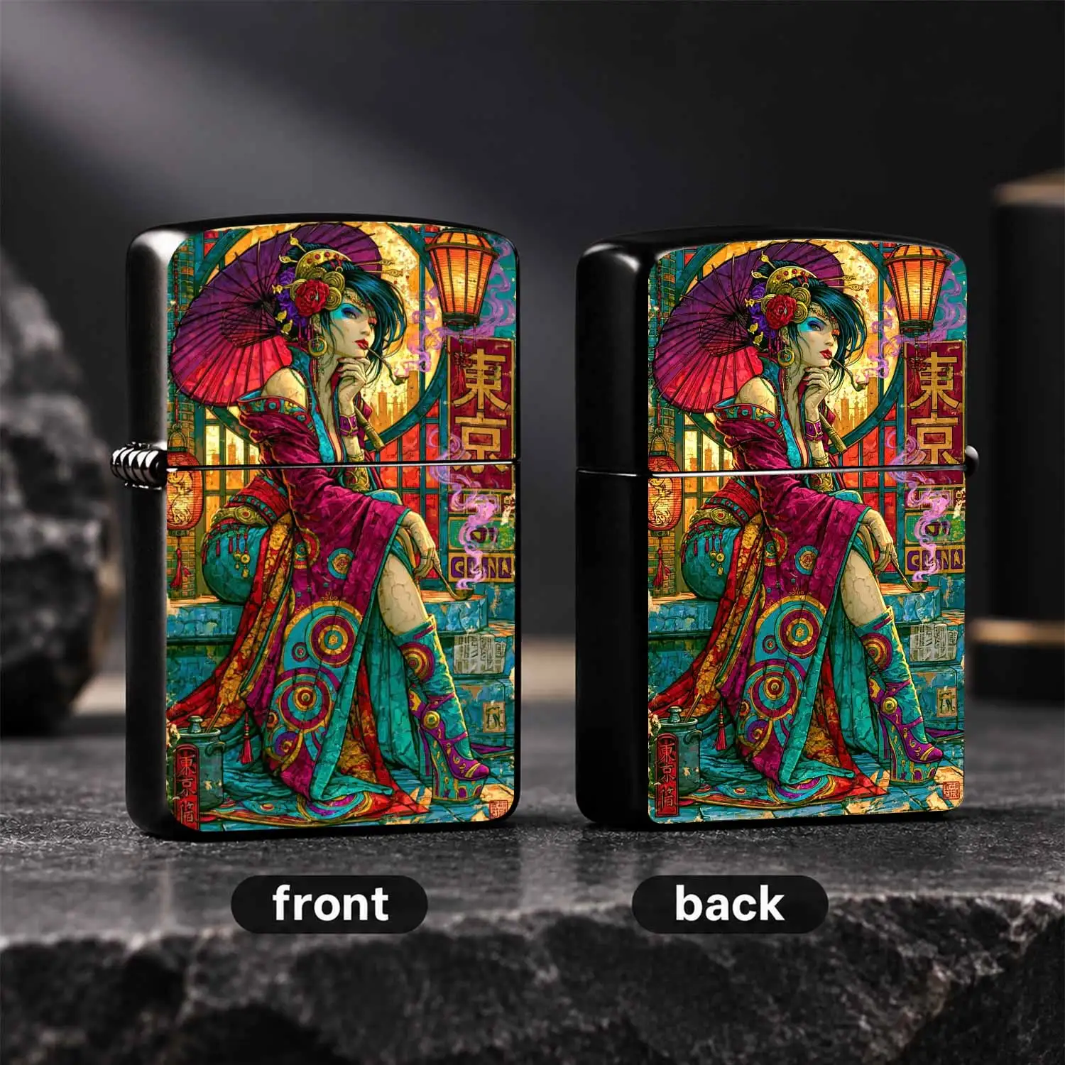 Vintage Cyber Geisha Pattern Lighter, Exotic Ukiyo-E Style Color Printing Decor, Portable Versatile Igniter For Daily Home Office Outdoor Scenarios, Unique Aesthetic Collectible Gift For Art Style Lovers A Humorous And Interesting Lighter