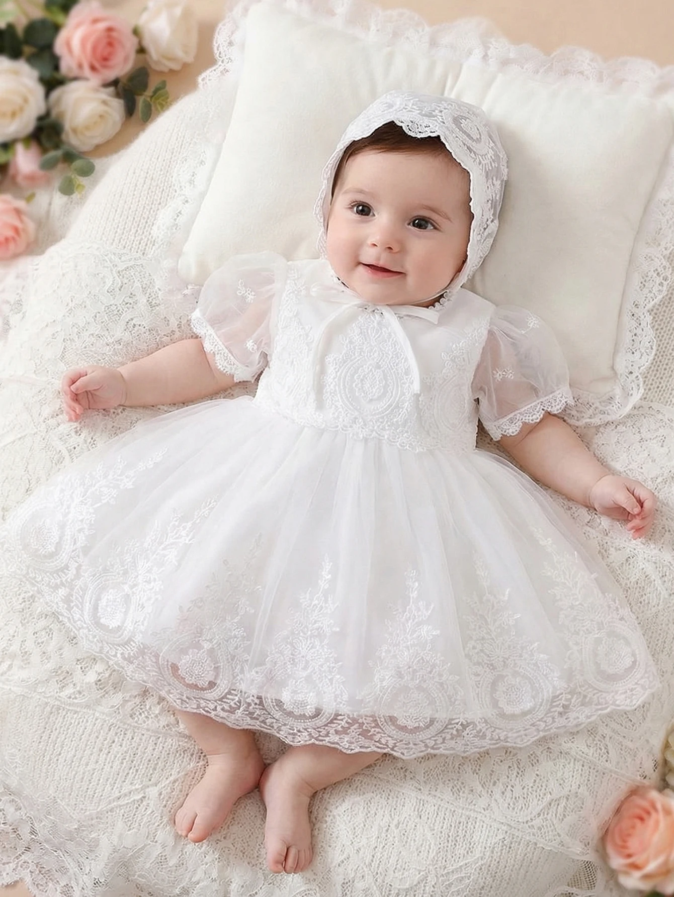 Baby Girl Cute Bubble Sleeve White Dress With High-Quality Embroidery Fluffy Net Silk Fabric, Banquets, Weddings, Special Occasi