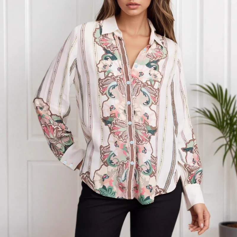 

Women's Floral Stripe Long-Sleeve Shirt Button Front Loose Fit Casual Blouse