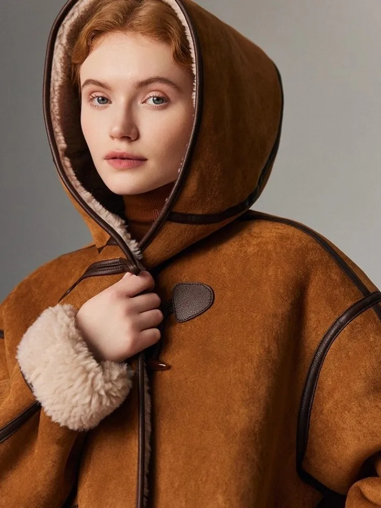 Winter Women Lambswool Coat Casual Loose Fit Horn Button Hooded Faux Suede Jacket Warm Ladies Vintage Sheep Shearing Outerwear