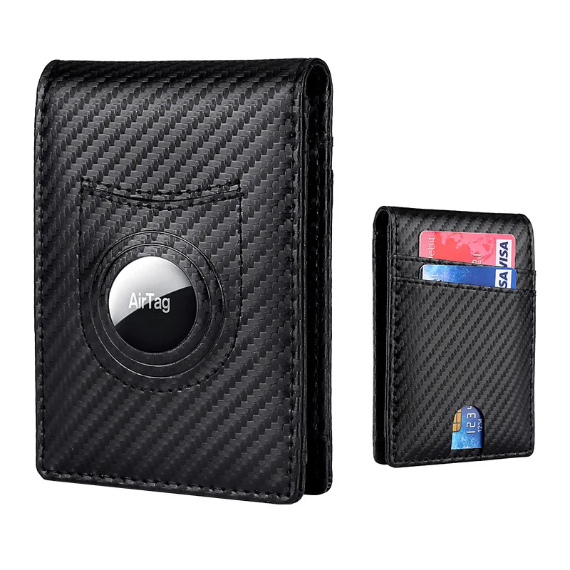 AirTag Wallet for Men Slim Front Pocket Wallet Carbon Fiber Genuine Leather RFID Blocking Airtag Bifold Card Holder Purse