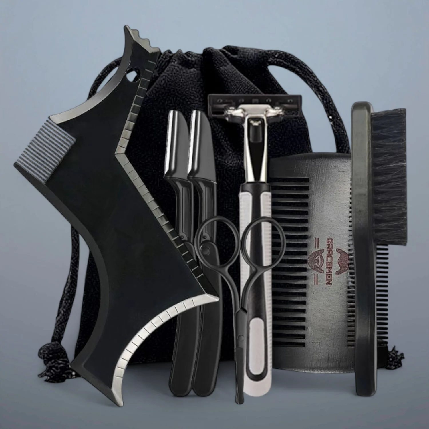 Gracemen Beard Template Kit - 11 in 1 Grooming Suit for Men - Beard Stencil & Brush & Comb & Razor & Scissors with Storage Bag