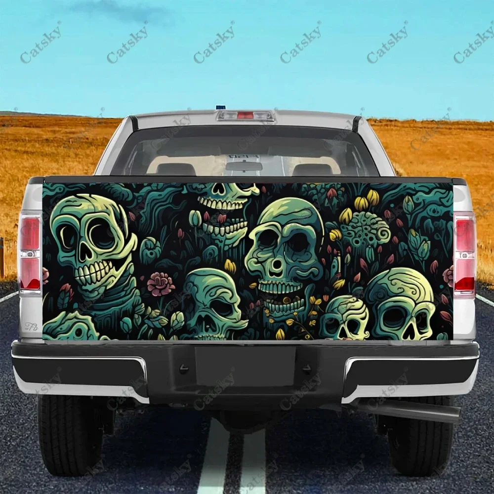 

Colorful Skulls Dark Halloween Truck Tailgate Wrap Professional Grade Material Universal Fit for Full Size Trucks Weatherproof