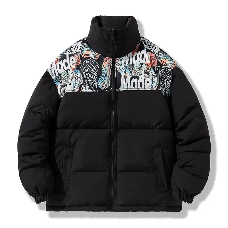 Men's Women's Winter Thickened Cotton Padded Jacket Loose Fit Stand Collar Couple Coat Color Block Bread Outerwear Trendy Jacket