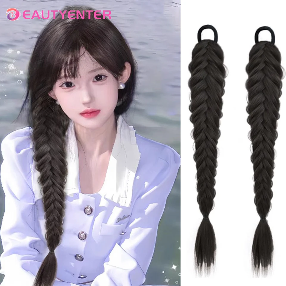 BEAUTY Fishbone Ponytail Extensions Women Hairpieces Synthetic Curly Ponytail Natural Black Fishtail Braids Ponytail Fake Hai