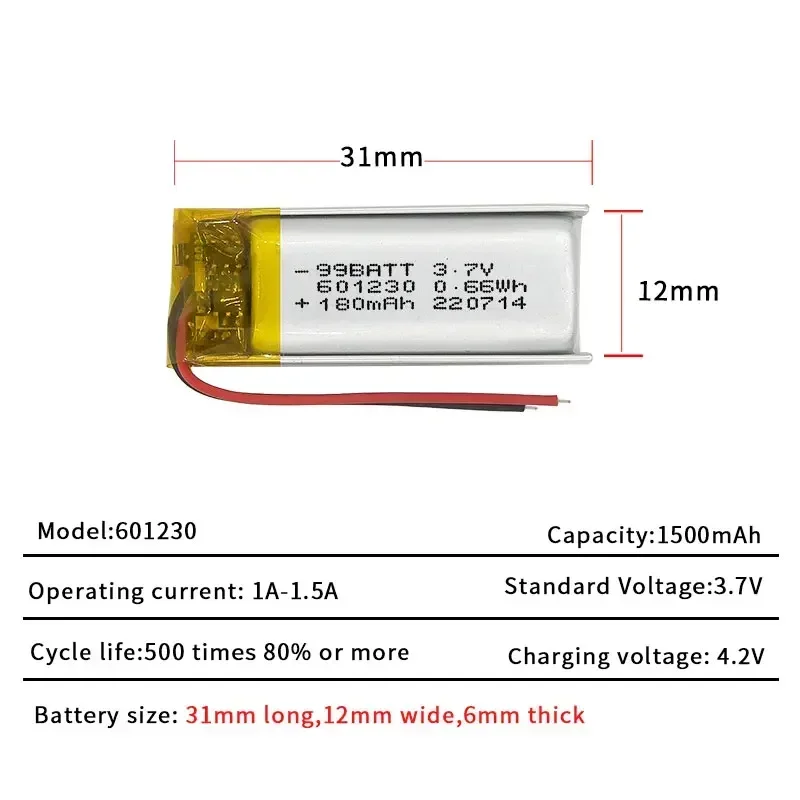 601230 3.7V 180mAh Polymer Li-polymer Battery. Designed for TWS Bluetooth Headset, Handheld Fan, Recorder Pen, Audio Devices
