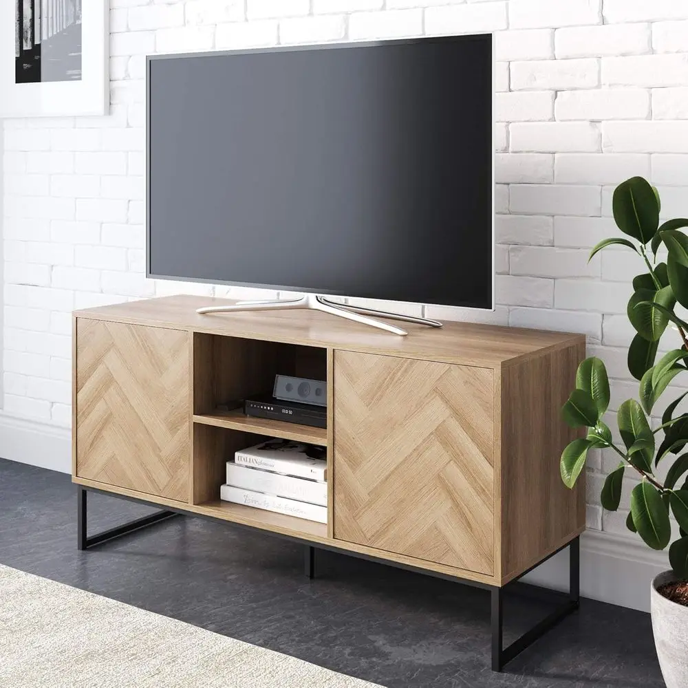 

Dylan Media ole Cabinet or TV Stand with Door Hidden Storage in a Natural Reclaimed Oak Herringbone Wood and Metal, Oak/Matte Bl