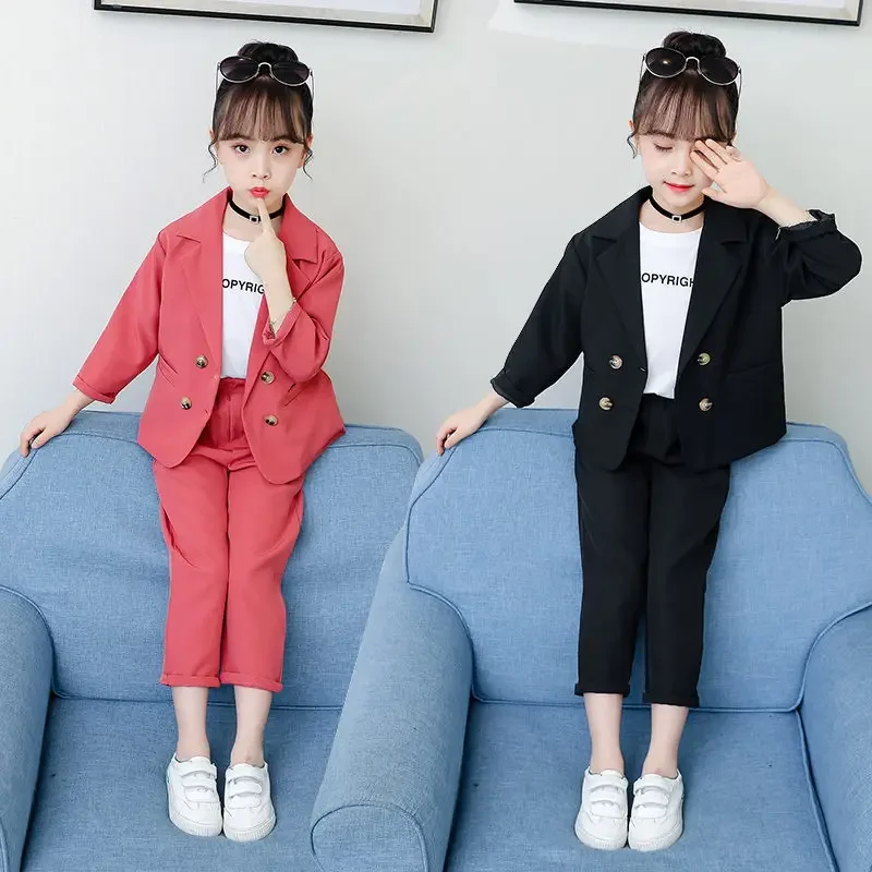 

Spring Autumn School Children's Suit Girls Clothing Set Solid Blazer Pants Outfits For Baby Girl 6 8 12 Year Kids Clothes Sets