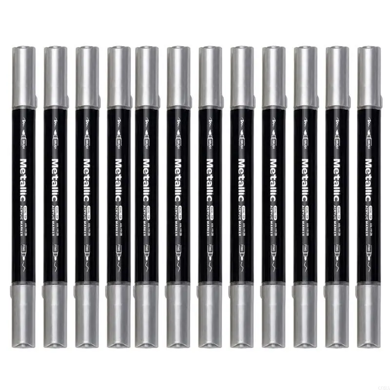 CORA Opaque Quick-Dry Acrylic Markers 12 Pack Paint Pen with Brush and Fine Line End for DIY Cards, Gift Labels, and Dark Paper