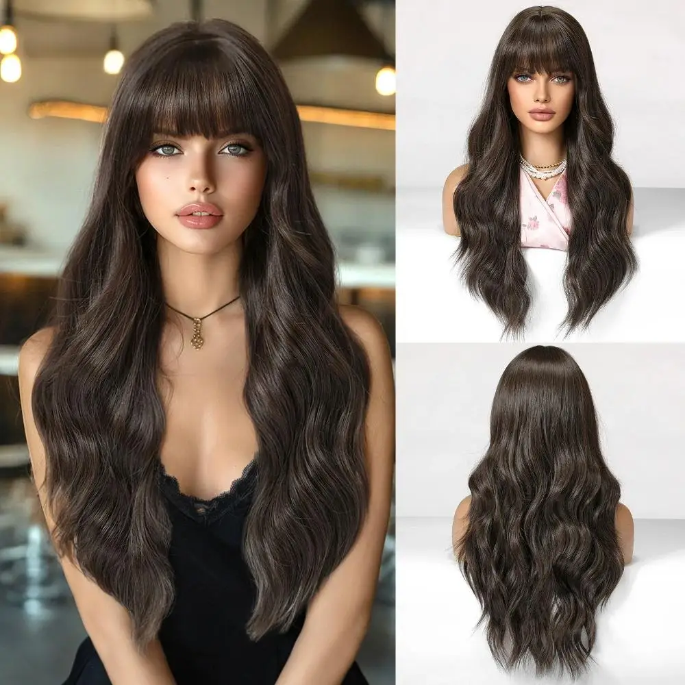 

HENRY MARGU Chocolate Brown Synthetic Natural Wig with Bangs Water Wavy Wigs for Women Daily Party Use Heat Resistant Wig 26 in