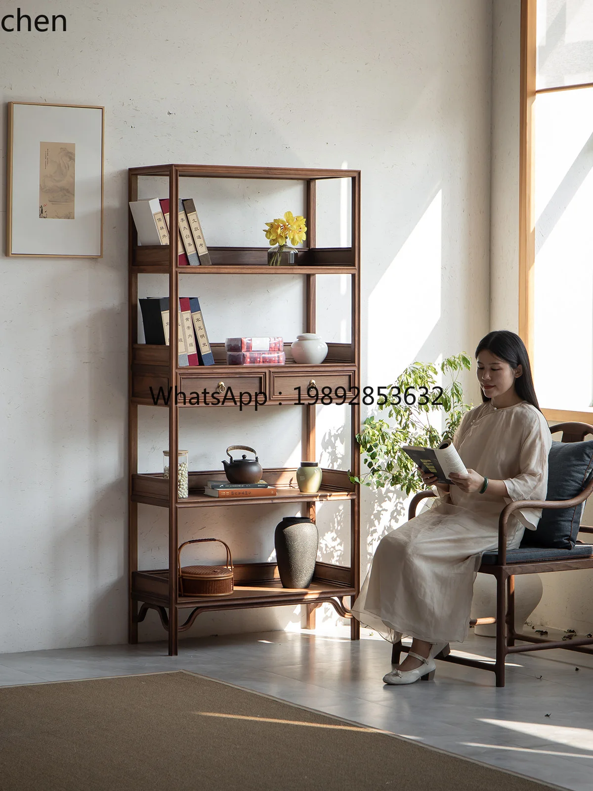 b7 Black Walnut Bookshelf Solid Wood Showcase Tea Rack Shelf