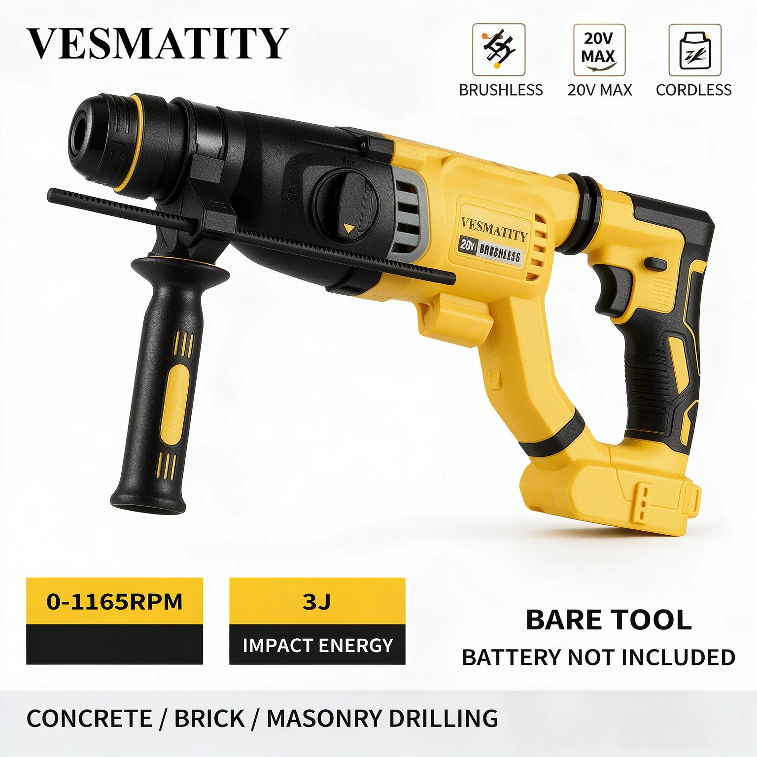 20V Brushless Rotary Hammer Drill Cordless Power Tool, 26mm Concrete Masonry Drilling Hammer Drill Bare for Construction Work
