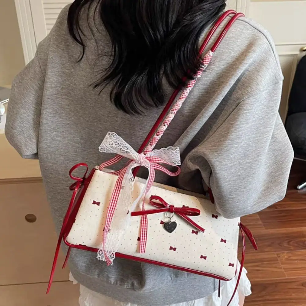 

Sweet French Stick Handbag Korean Style PU Leather Handle Y2K Underarm Bag Solid Color High Quality Bow Lace Shoulder Bag School