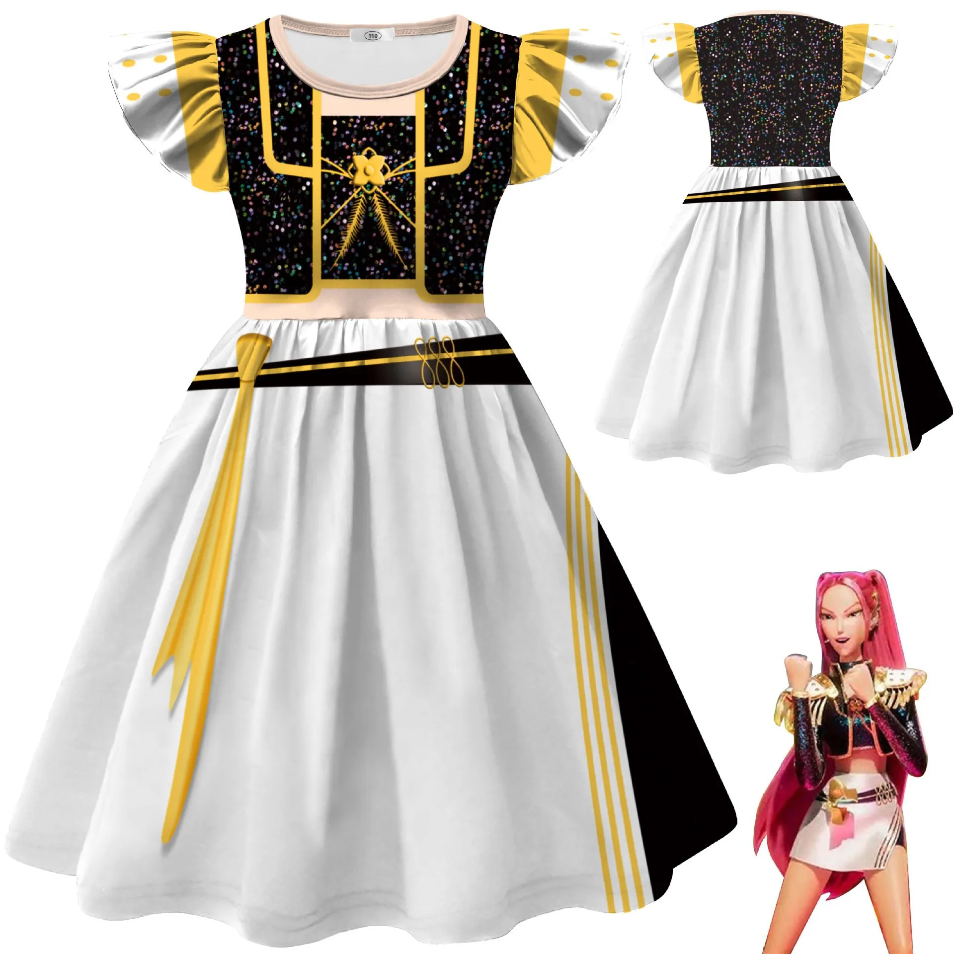 Kids K-Pop Demon Hunters Dress Rumi Zoey Mira Cosplay Costume Girls Children Casual Flying Sleeve Dresses Halloween Xmas Party
