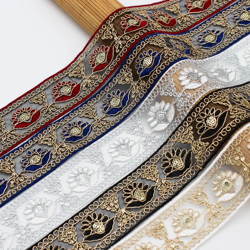 50mm Embroidered Lace Trim Gold Sequin Floral Mesh Organza Ribbon for DIY Sewing Wedding Dress Garment Craft Decoration