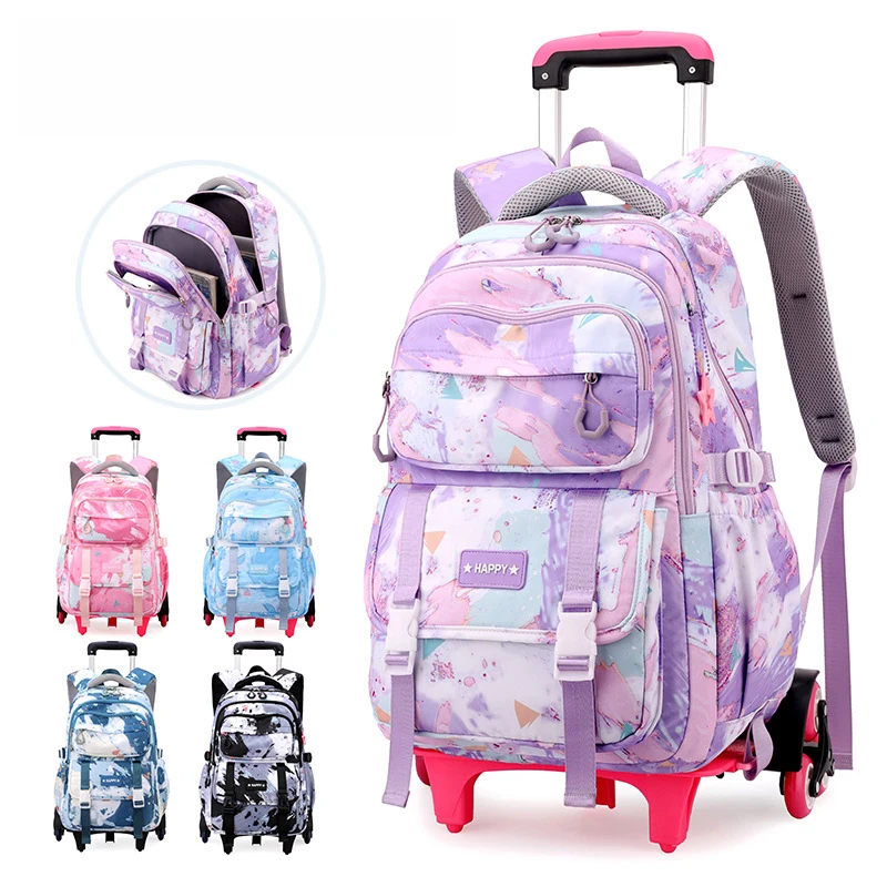 Kids School Backpack with Wheels Rolling Backpack for Girls Student Wheeled Backpack Trolley School Bag Travel Trolley Luggage