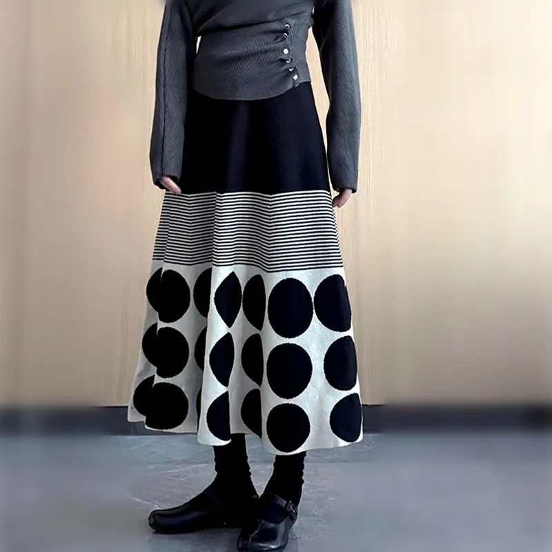 

Зима-Осень, женская новая элегантная юбка в горошек, винтажные толстые теплые вязаные футболки, женские повседневные длинные юбки, вечерние юбки NZ294