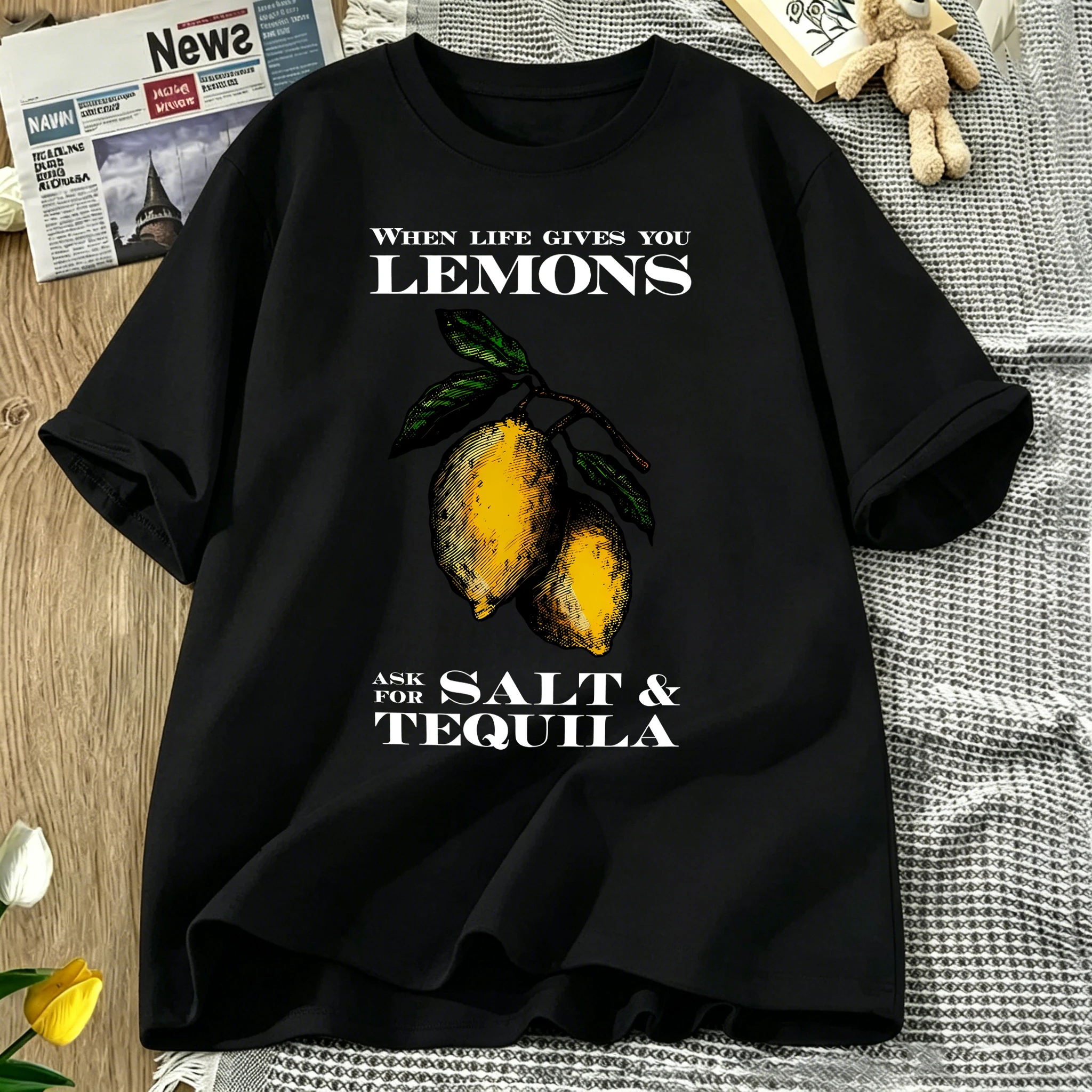 Salt Tequila Fresh Lemons Print Woman T Shirt Jogging Casual T-Shirts Cotton Summer Clothes Oversized Crewneck Short Sleeve