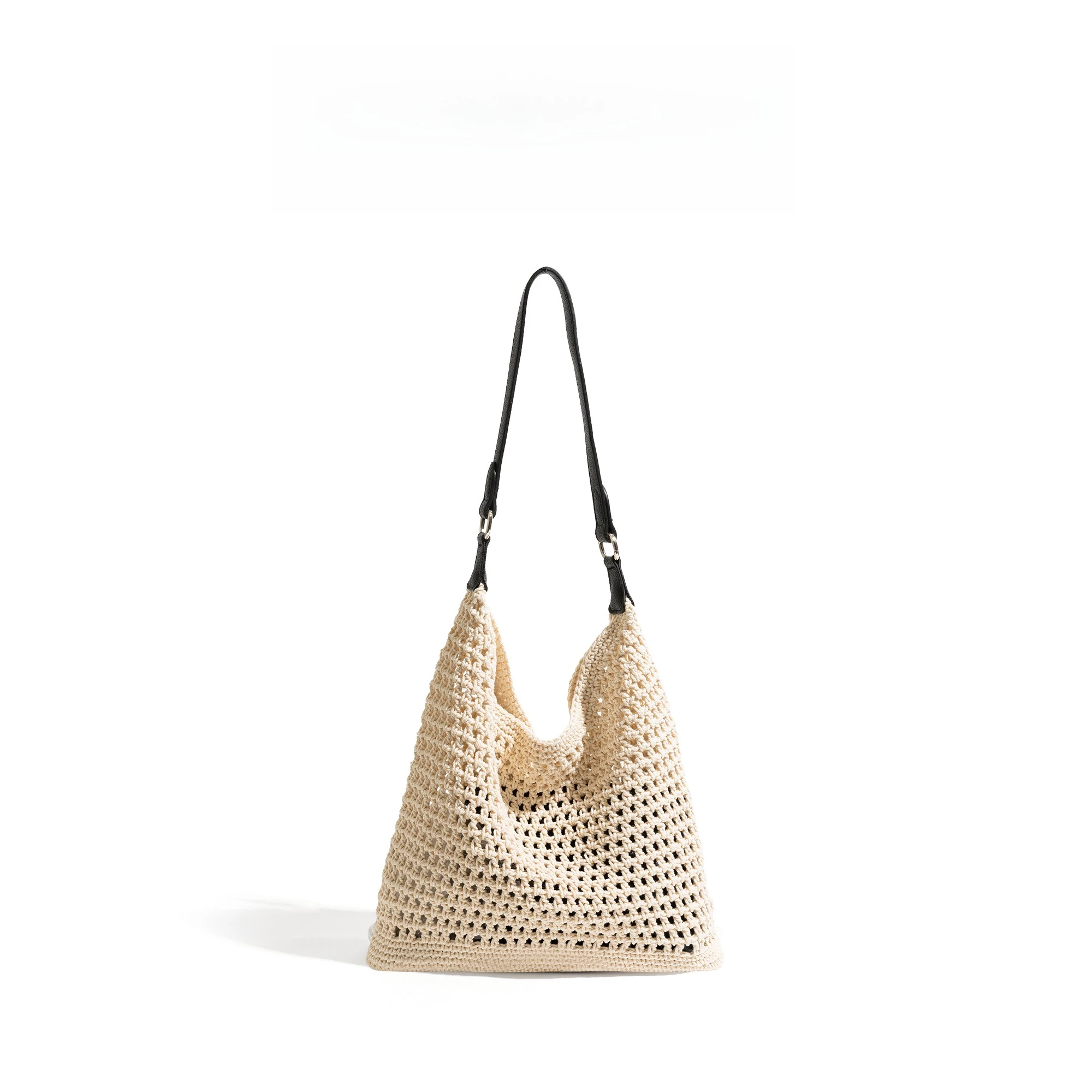 CKKUI Bohemian Style Straw Woven Bucket Bag, Lightweight Hollowed Out Single Handbag, Contrasting Leather Handle Women's Bags