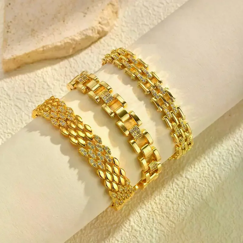 Gold Plated Copper Brass Materials Watch Bracelet Multi Choose Zircon Bracelet With Chain