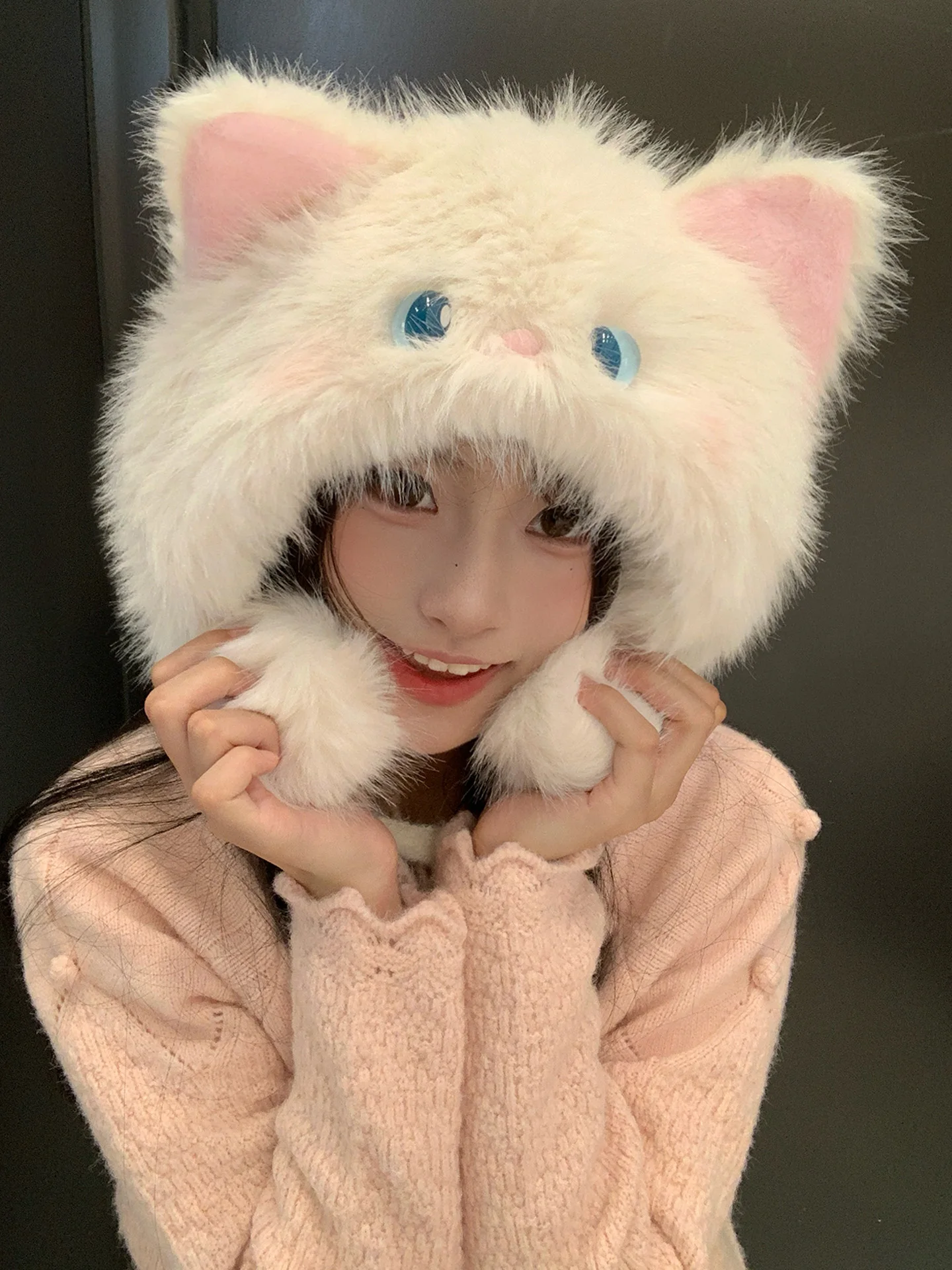 Cute  Ear Plush Hat Women's Thickened Winter Warm Ear Protection Hat Non-Adjustable Large Head Size Casual Style Hat