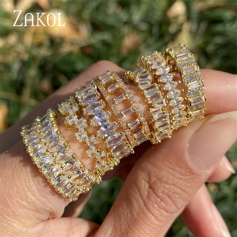 ZAKOL Oval Gold Color Eternity Rings for Women Fashion Geometry Cubic Zirconia Finger Ring Wedding Party Jewelry