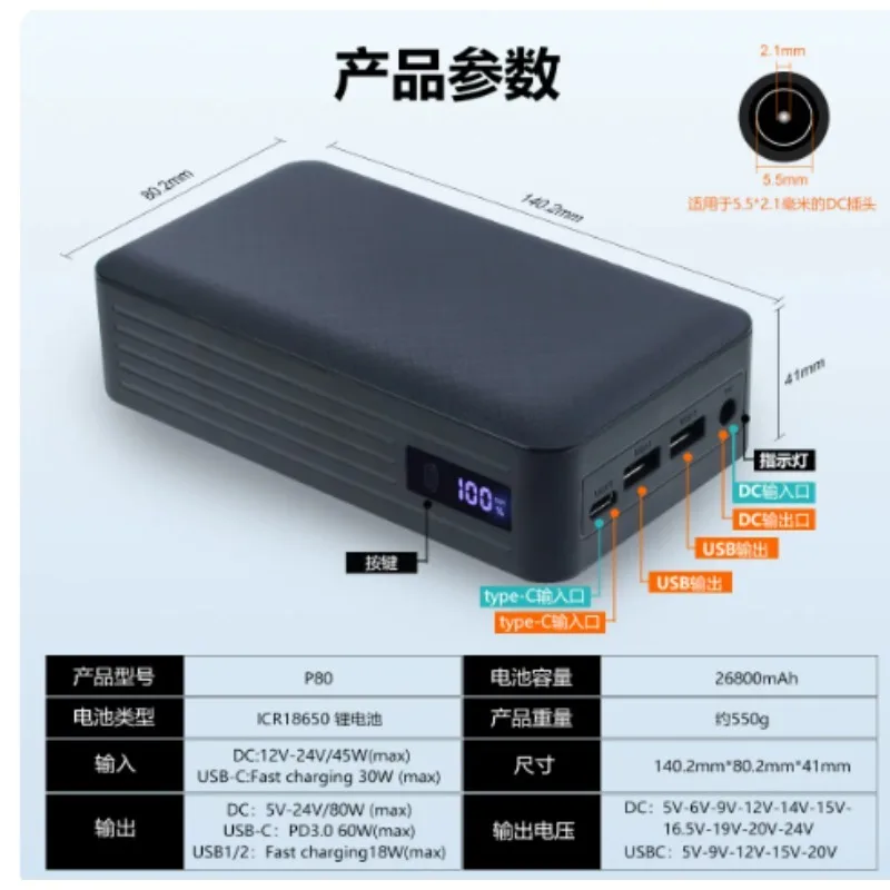 26800mAh DC Bidirectional Power Bank, 5V 12V 19V 24V Output Laptop Mobile Power Supply for Printer LED Light Outdoor Power
