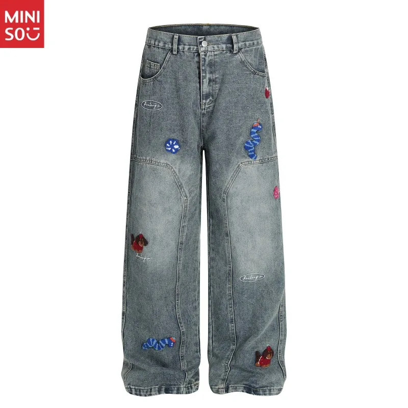 

Miniso Vintage Cartoon Towel Embroidery Washed Jeans Unisex Loose Wide Leg Kukri Pants Versatile Kids Jeans