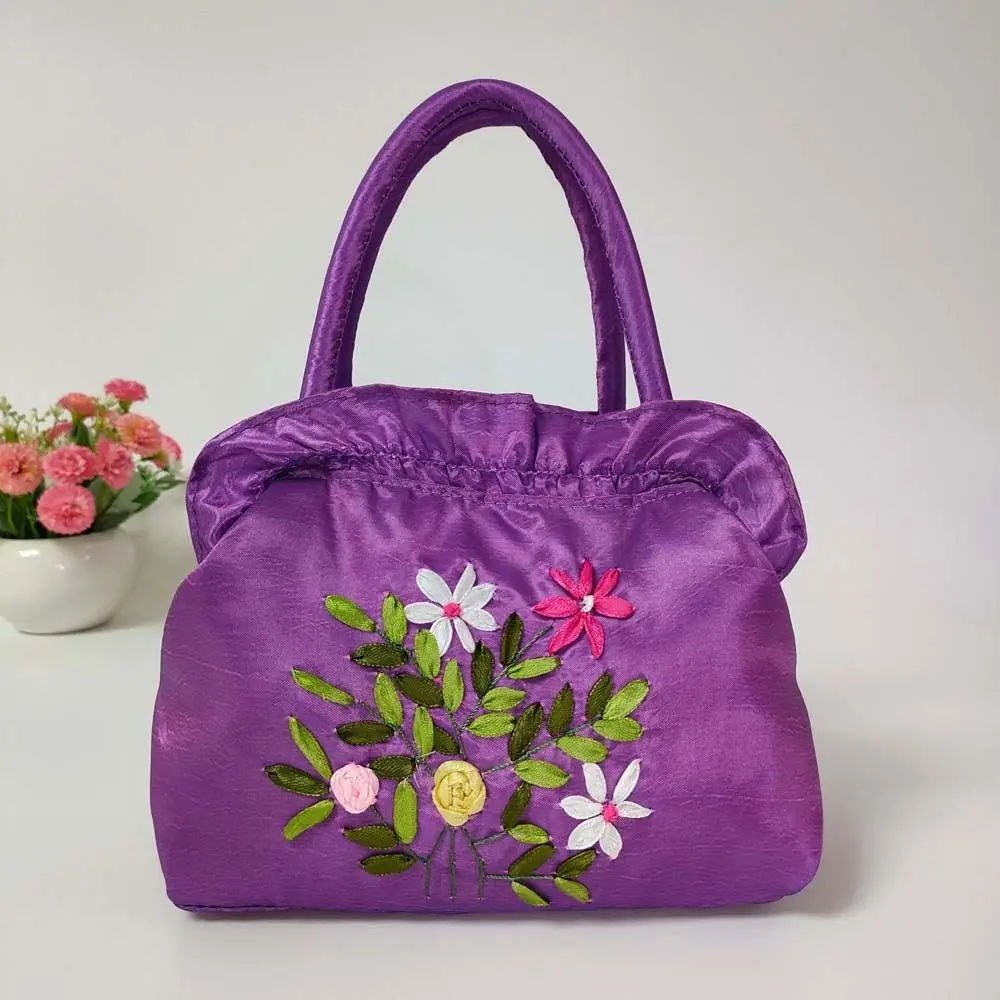 Satin Silk Embroidery Flower Handbag Ruffle Leaf Zipper Flower Wrist Bag Small Purse Wallet Shopping Bag Ethnic Style Tote Bag