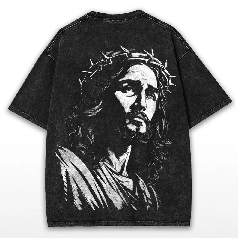 

Retro Wash Jesus Christ T-shirt: Heavy Christian for Both Men and Women Street Clothing Fashion Personality Casual Street Wear
