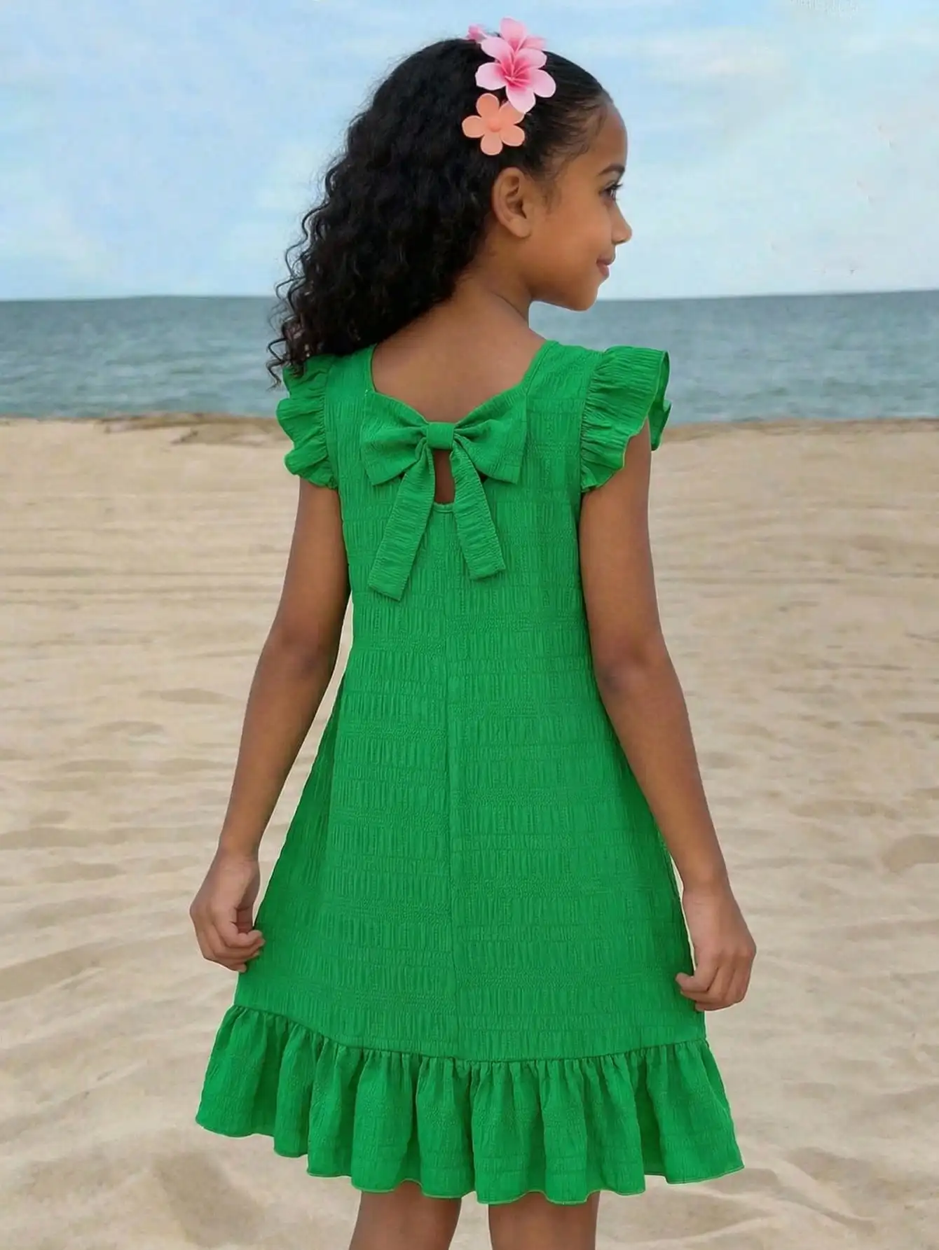 Green Smocked Dress With Ruffle Cap Sleeve And Back Bow Summer Beach Style