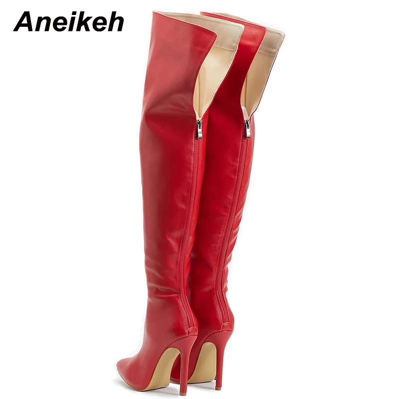 Aneikeh 2024 New Long Shoes for Women Over the Knee Sexy Pointed Toe Thin High Heel Solid PU Modern Boots Bottine Femme Talon