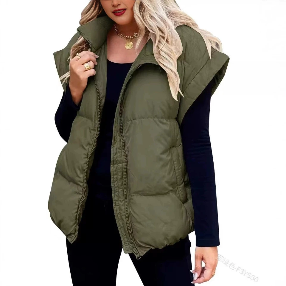 

2025 New Women'S Solid Color Zipper Pocket Cotton Vest Fashion Stand Collar Sleeveless Vest Jacket Women Autumn Winter Waistcoat